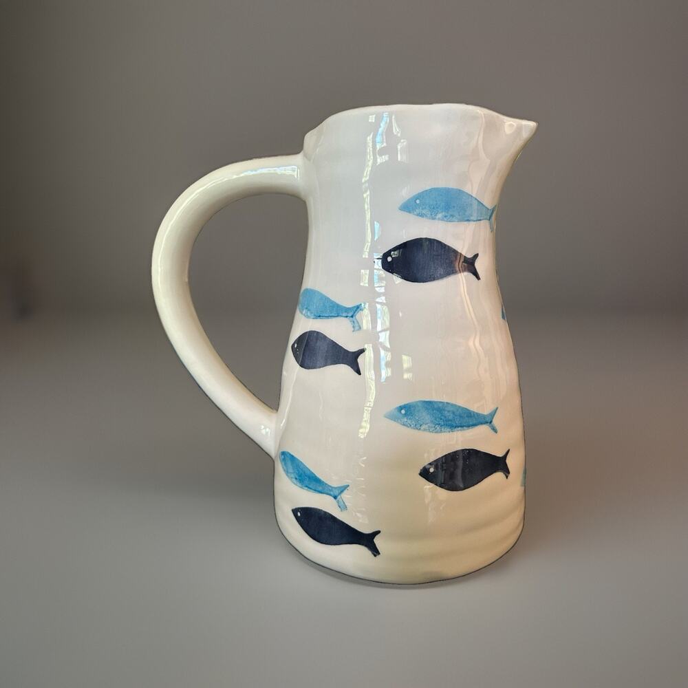 New White Pitcher Cobalt & Aqua Blue Sardine Fish Motif Handmade In Portugal 9”